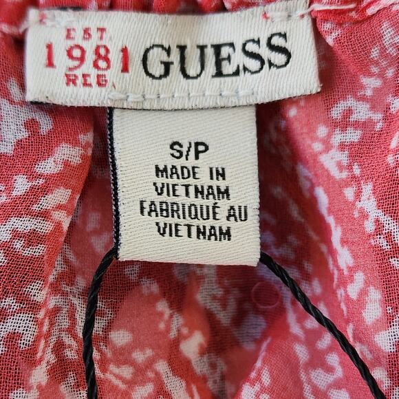 Guess Pink White Sheer Blouse Ruffle Tie V-Neck Elastic Smocked Waist Size S - Picture 6 of 7